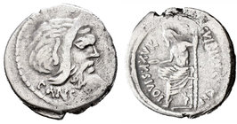 Vibia. Denario. 48 a.C. Roma. (Ffc-1219). (Craw-449/1a). (Cal-1371). Rev.: Jupiter Axur sentado a izquierda con pátera y cetro, leyenda IOVIS AXVR C V...