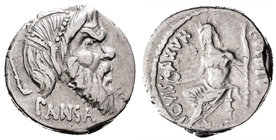 Vibia. Denario. 48 a.C. Roma. (Ffc-1221). (Craw-449/1b). (Cal-1372). Anv.: Máscara de Pan a derecha con perlas en el pelo, detrás cayado, debajo PANSA...