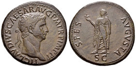 Claudio I. Sestercio. 41-42 d.C. Roma. (Spink-1853). (Ric-99). Rev.: SPES AVGVSTA SC. Esperanza avanzando a izquierda con flor. Ae. 26,39 g. Pátina ma...