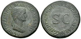 Agripina. Sestercio. 42 d.C. Roma. (Spink-1906). (Ric-102). Anv.: AGRIPPINA M F GERMANICI CAESARIS. Busto revestido a derecha. Rev.: TI CLAVDIVS CAESA...
