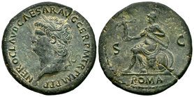 Nerón. Sestercio. 66 d.C. Lugdunum. (Spink-1961). (Ric-517). Rev.: ROMA S C. Roma sentada a izquierda sobre coraza con Victoria y parazonium. Ae. 22,5...