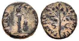 Nerón. Cuadrante. 65 d.C. Roma. (Spink-1986). (Ric-322). Anv.: Casco sobre columna y a derecha escudo y lanza. Rev.: P M TR P IMP P P, en campo SC. Ra...