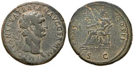 Trajano. Sestercio. 99 d.C. Roma. (Spink-3213 variante). (Ric-399). Rev.: TR POT COS II SC. Concordia sentada a izquierda con rama de olivo y cetro. A...