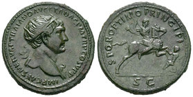 Trajano. Dupondio. 107 d.C. Roma. (Spink-3234). (Ric-540). Rev.: SPQR OPTIMO PRINCIPI / SC. Trajano a caballo a derecha con lanza sobre dacio. Ae. 13,...