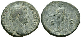 Adriano. Sestercio. 136 d.C. Roma. (Spink-3645). (Ric-777). Rev.: SC. Diana con arco y flecha. Ae. 26,81 g. BC+. Est...150,00.