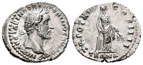 Antonino Pío. Denario. 150-151 d.C. Roma. (Spink-4108). (Ric-202). (Seaby-825). Rev.: TR POT XIIII COS IIII / TRANQ. Tranquilitas en pie a derecha con...