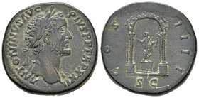 Antonino Pío. Sestercio. 158-159 d.C. Roma. (Spink-4169). (Ric-999). Anv.: ANTONINVS AVG PIVS P P TR P XXII. Cabeza laureada a derecha. Rev.: COS IIII...