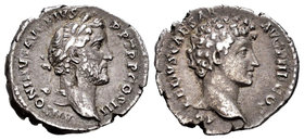 Antonino Pío y Marco Aurelio. Denario. 140 d.C. Roma. (Ric-417a). Anv.: ANTONINVS AVG PIVS P P TR P COS III. Cabeza laureada de Antonino Pío a derecha...