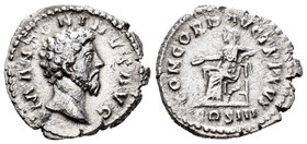 Marco Aurelio. Denario. 162 d.C. Roma. (Spink-4882). (Ric-35). Rev.: CONCORD AVG TR P XVI COS III. Concordia sentada a izquierda con patera, debajo de...
