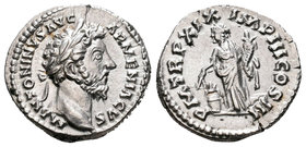 Marco Aurelio. Denario. 165 d.C. Roma. (Spink-4923). (Ric-142). (Seaby-484). Rev.: P M TR P XIX IMP III COS III. Annona en pie con dos espigas sobre m...