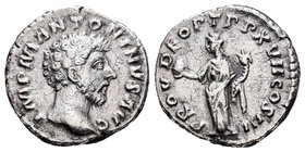 Marco Aurelio. Denario. 162 d.C. Roma. (Spink-4925). (Ric-49). Rev.: PROV DEOR TR P XVII COS III. Providencia en pie a izquierda con globo y cuerno de...