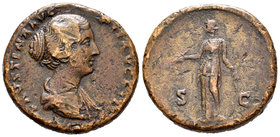 Faustina Hija. Sestercio. (Cy-S90). Rev.: SC. Diana con flecha y apoyada en arco. Ae. 23,35 g. Escasa. BC+. Est...120,00.