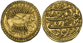 MUGHAL, JAHANGIR (1014-1037h) Restrike Gold muhur, Agra 1028h / regnal year 14 / year 6 Obverse: Leo standing right with left forepaw raised, radiant ...