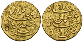 MUGHAL, JAHANGIR (1014-1037h) AND NUR JAHAN Gold muhur, Agra 1034h / regnal year 20 Obverse: citing Jahangir, regnal year above and date below Reverse...