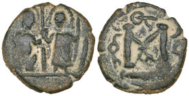 Arab-Byzantine, fals, two figures type, ‘Amman, one seated and one standing figure, rev., large M, mint-name to left, 2.66g (Album 3526 RRR), fine to ...