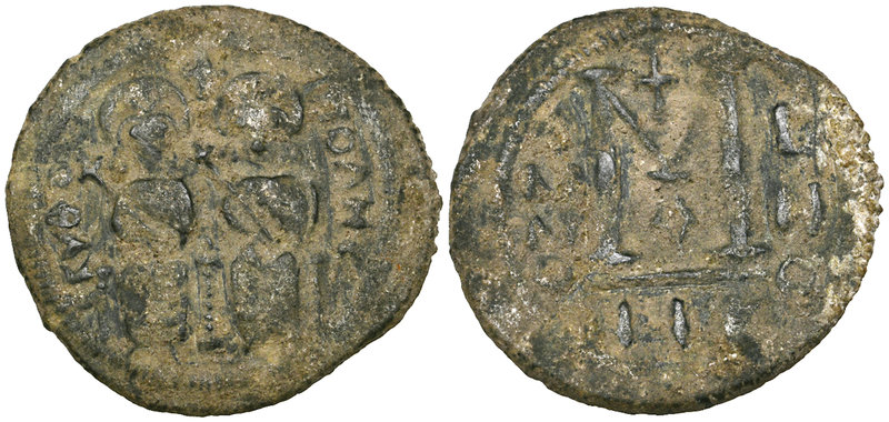 Arab-Byzantine, fals, Scythopolis, twin seated Imperial figures, SKVΘO – ΠΟΛΗC a...