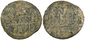 Arab-Byzantine, fals, Scythopolis, twin seated Imperial figures, SKVΘO – ΠΟΛΗC around, rev., large letter M with cross above and A below, AИИO – Ч II ...