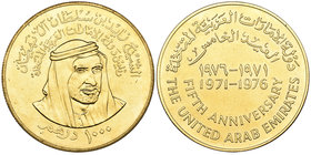 United Arab Emirates, gold proof 1,000 dirhams, 1976, commemorating the fifth anniversary of the UAE, obv., bust of Sheikh Zayed b. Sultan al-Nahyan o...