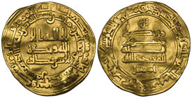 Samanid, Isma ‘il b. Ahmad (279-295h), dinar, Samarqand 282h, rev., Isma ‘il below, 4.08g (Bernardi 221Qe RRR), buckled flan, very fine and a very rar...