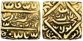 MUGHAL, a square gold amulet copying Akbar’s gold coinage of Lahore, with stylised legends and blundered date, 5.67g, good very fine; and another silv...