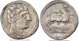 SPAIN. Sekobirikes (Segobriga). Ca. 2nd-1st centuries BC. AR denarius (20mm, 2h). NGC VF, scratch. Bare male head right, wearing necklace; crescent to...