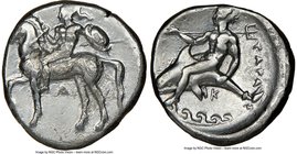 CALABRIA. Tarentum. Ca. 380-340 BC. AR stater or didrachm (20mm, 7h). NGC Choice Fine. D- and K-, magistrates. Helmeted, nude warrior on horseback adv...