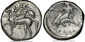 CALABRIA. Tarentum. Ca. 380-340 BC. AR stater or didrachm (20mm, 3h). NGC Fine, graffito. D- and K-, magistrates. Helmeted, nude warrior on horseback ...