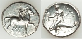 CALABRIA. Tarentum. Ca. early 3rd century BC. AR stater or didrachm (22mm, 7.83 gm, 6h). About XF. Ca. 302-280 BC. Arethon, Sa- and Cas-, magistrates....