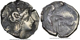 CALABRIA. Tarentum. Ca. 4th century BC. AR diobol (12mm, 5h). NGC Choice Fine. Head of Athena right, wearing crested Attic helmet decorated with figur...