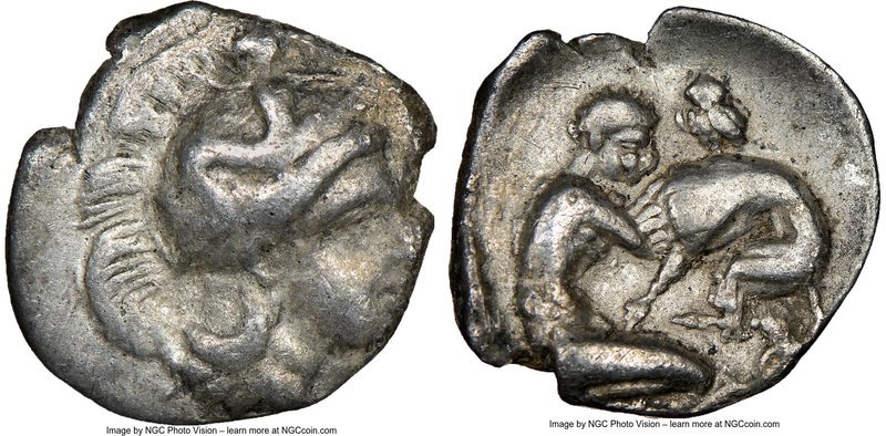 CALABRIA. Tarentum. Ca. 4th-3rd centuries BC. AR diobol (14mm, 2h). NGC Choice F...