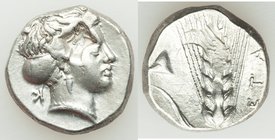 LUCANIA. Metapontum. Ca. 400-340 BC. AR stater (20mm, 7.83 gm, 11h). VF, graffito, countermark. Head of Demeter right, hair bound in saccos, wearing p...