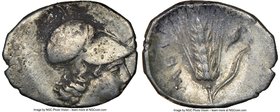LUCANIA. Metapontum. Ca. 325-275 BC. AR diobol (13mm, 12h). NGC VF. Head of Athena right, wearing Corinthian helmet pushed back on head / META, barley...
