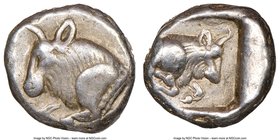 CARIA. Uncertain mint. Ca. 450-400 BC. AR diobol (11mm, 6h). NGC Choice VF. Milesian standard. Forepart of bull left, truncation decorated with pellet...