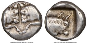 CARIA. Uncertain mint. Ca. 450-400 BC. AR obol (10mm, 5h). NGC Choice VF. Milesian standard. Confronted foreparts of two bulls, each with extended for...