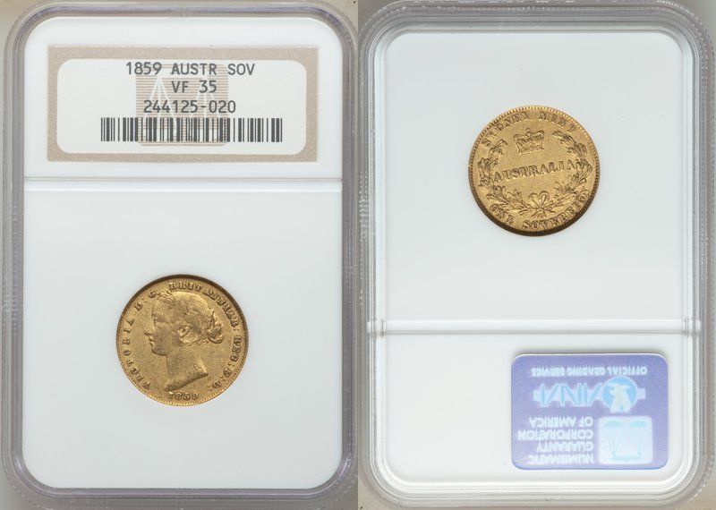 Victoria gold Sovereign 1859-SYDNEY VF35 NGC, Sydney mint, KM4. AGW 0.2353 oz.

...