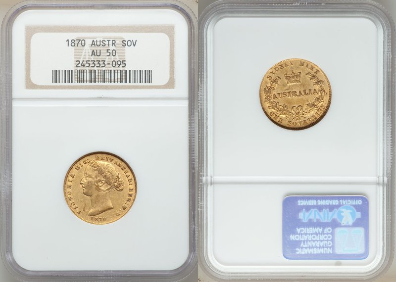 Victoria gold Sovereign 1870-SYDNEY AU50 NGC, Sydney mint, KM4. AGW 0.2353 oz.

...