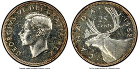 George VI "High Relief" 25 Cents 1952 MS64 PCGS, Royal Canadian mint, KM44. High relief variety. Semi-prooflike reflective surfaces with light gold pe...
