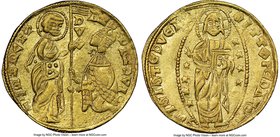 Chios. Anonymous gold Imitative Ducat ND (1343-1354) AU58 NGC, Uncertain mint, Fr-38a var. Imitating a gold Ducat of Andrea Dandolo. ΛZDR DΛZDVO DVX |...