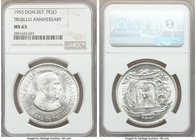 Republic Peso 1955-(P) MS63 NGC, Philadelphia mint, KM23. Trujillo anniversary issue. 

HID09801242017