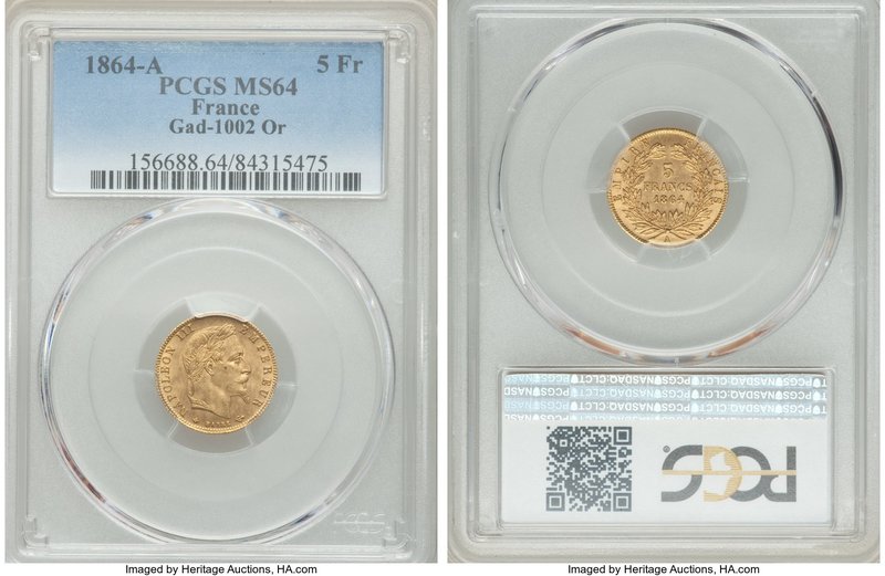 Napoleon III gold 5 Francs 1864-A MS64 PCGS, Paris mint, KM803.1. AGW 0.0467 oz....