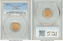 Napoleon III gold 5 Francs 1864-A MS64 PCGS, Paris mint, KM803.1. AGW 0.0467 oz.

HID09801242017