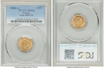 Napoleon III gold 5 Francs 1866-A MS64 PCGS, Paris mint, KM803.1. Uncommon in this state of preservation, 

HID09801242017