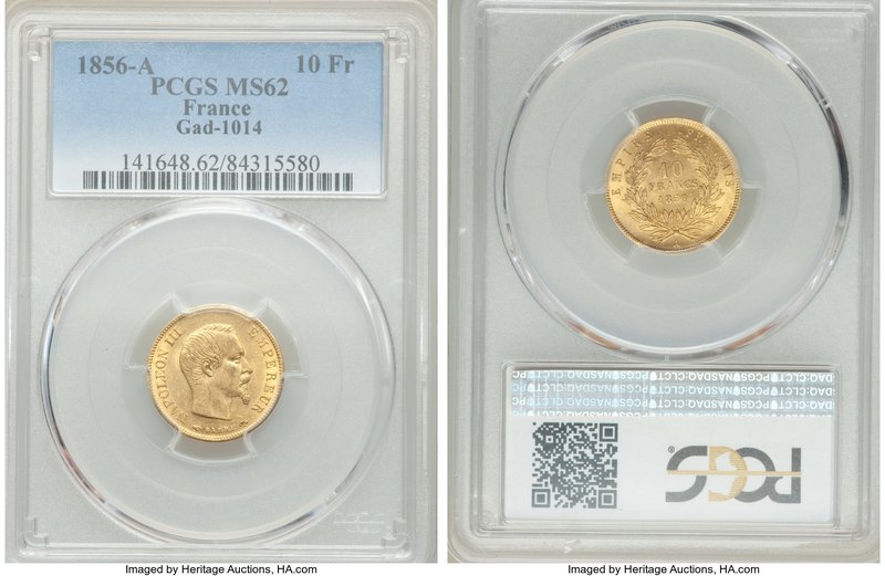 Napoleon III gold 10 Francs 1856-A MS62 PCGS, Paris mint, KM784.3, Gad-1014. AGW...