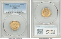 Napoleon III gold 10 Francs 1858-A MS63 PCGS, Paris mint, KM784.3. AGW 0.0933 oz.

HID09801242017