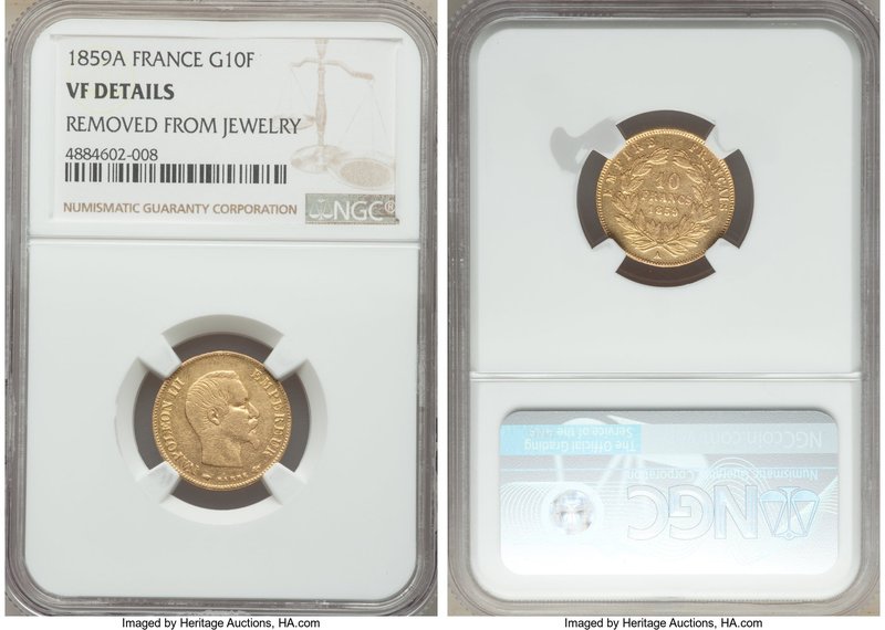 Napoleon III gold 10 Francs 1859-A VF Details (Removed From Jewelry) NGC, Paris ...