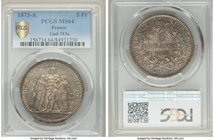 Republic 5 Francs 1873-A MS64 PCGS, Paris mint, KM820.1, Gad-745a. Attractive olive-gold toning with accents of teal and crimson. 

HID09801242017