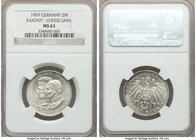 Saxony. Friedrich August III 2 Mark 1909 MS63 NGC, Muldenhutten mint, KM1268. 500th Anniversary of Leipzig University. Reflective surfaces with semi-p...
