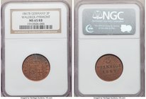 Waldeck-Pyrmont. Georg Viktor 3 Pfennig 1867-B MS65 Red and Brown NGC, Hannover mint, KM-171.3. One year type. Reflective red and brown surfaces. Scar...