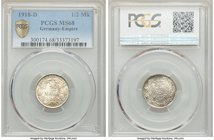 Wilhelm II 1/2 Mark 1918-D MS68 PCGS, Munich mint, KM17. Denomination within wreath / Crowned imperial eagle with shield on breast within wreath. Peri...