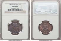Victoria 1/2 Penny 1863 MS65 Red and Brown NGC, KM748.2, S-3956. Chestnut surfaces with lavender-blue toning. 

HID09801242017